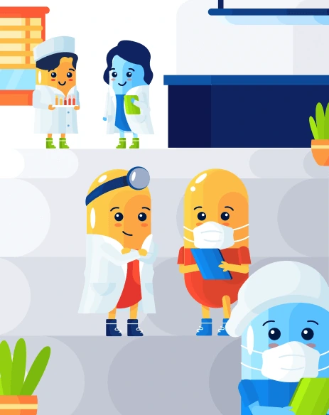Kaam Care medical team characters in a clinic