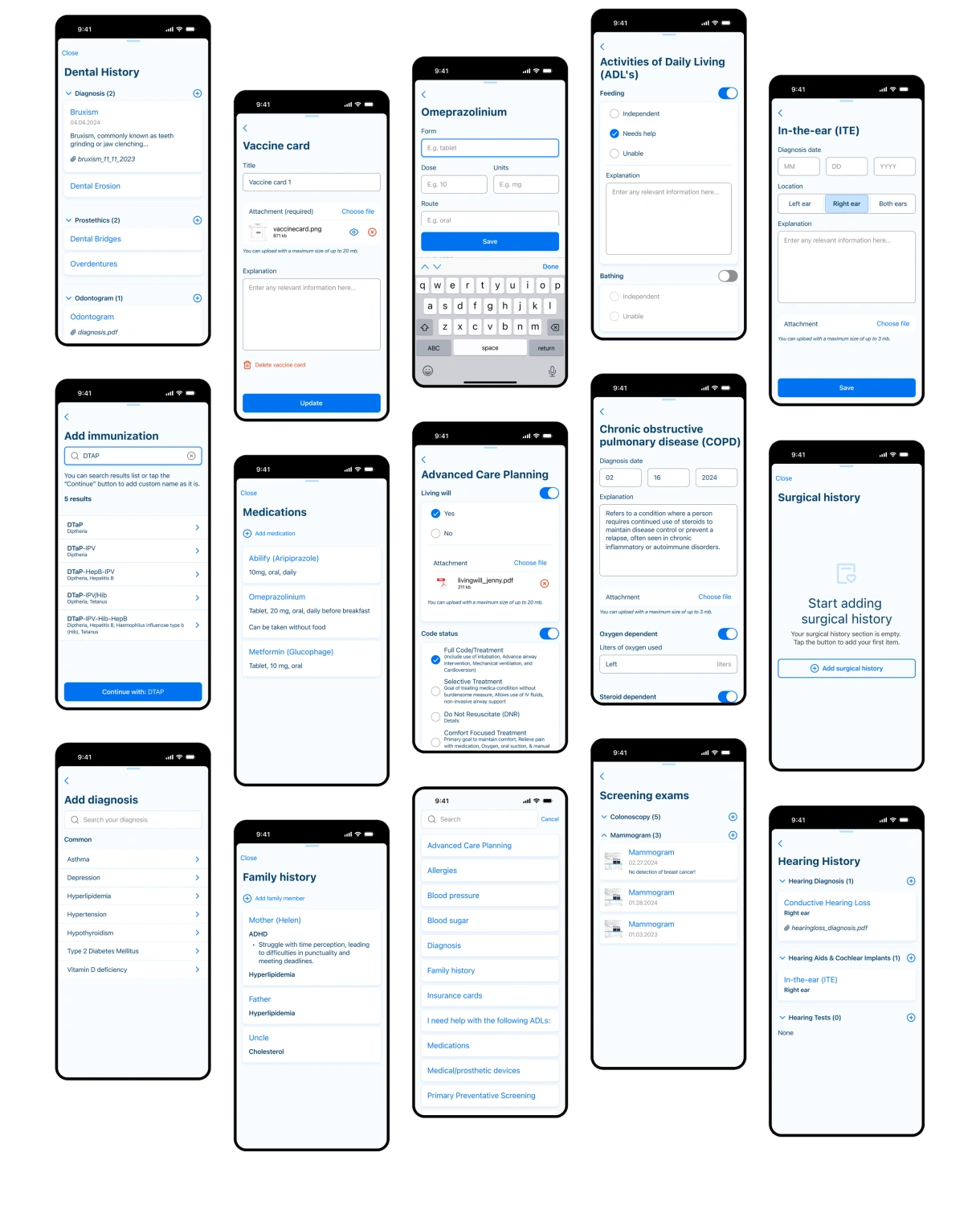 Kaam Care app screens for medical history, immunizations, medications, and care planning