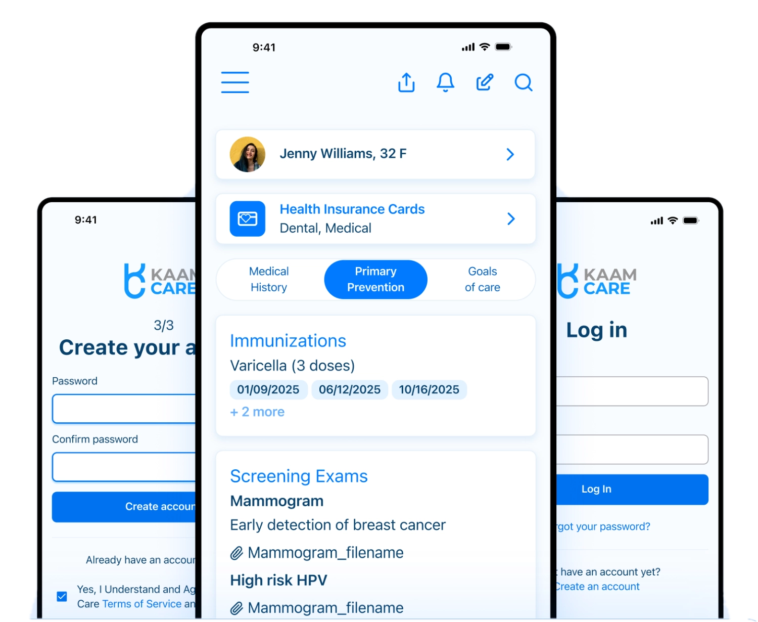 Kaam Care app screens for account creation, patient profile, and login
