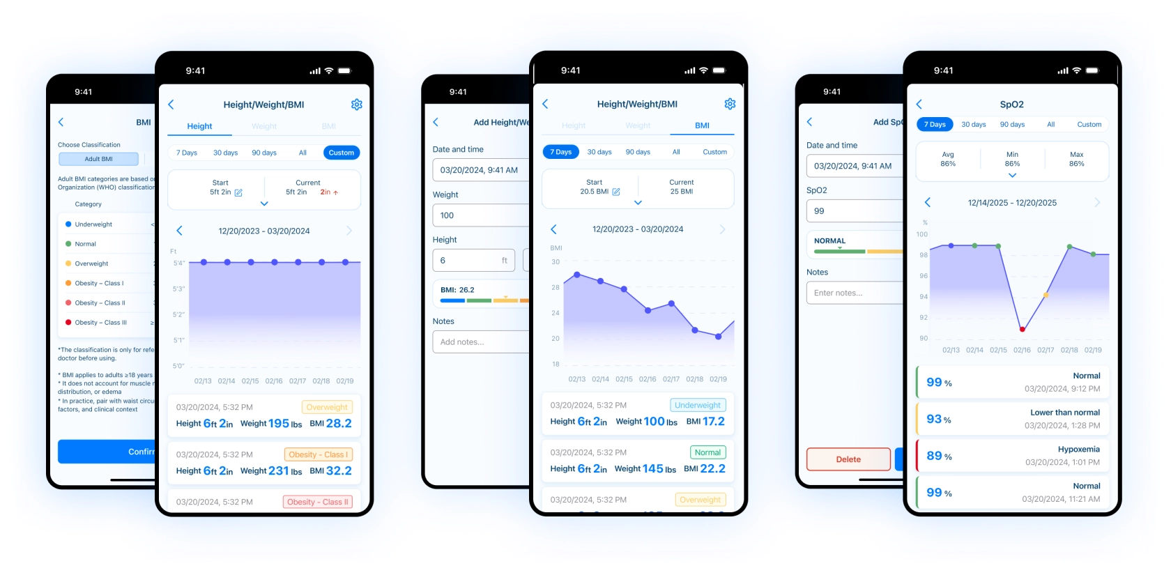 Kaam Care vital stats screens for BMI, height, weight, and SpO2