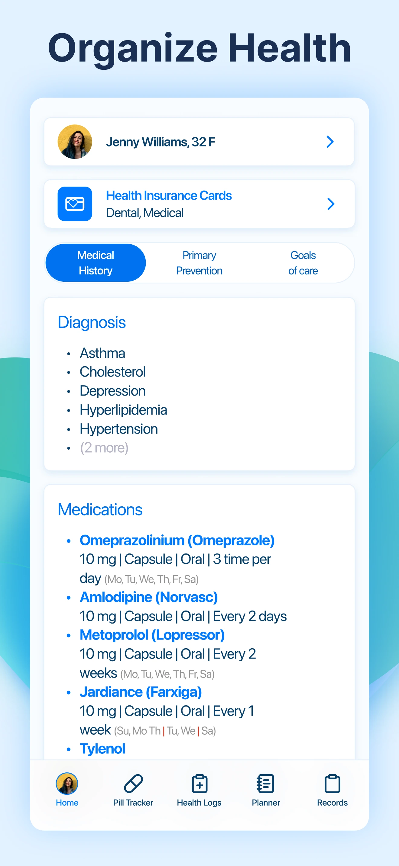Medical Logs screen of the Kaam Care mobile app