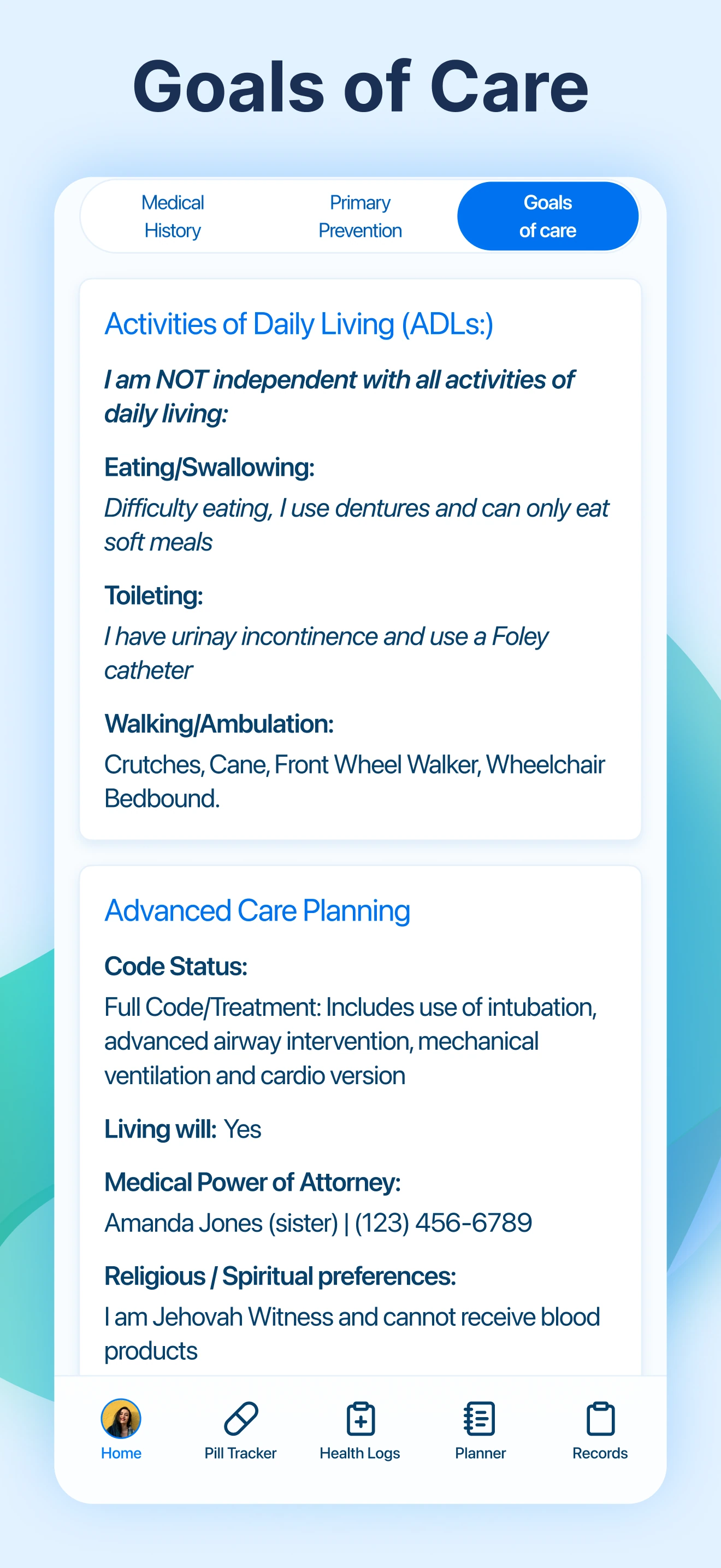 Planner screen of the Kaam Care mobile app