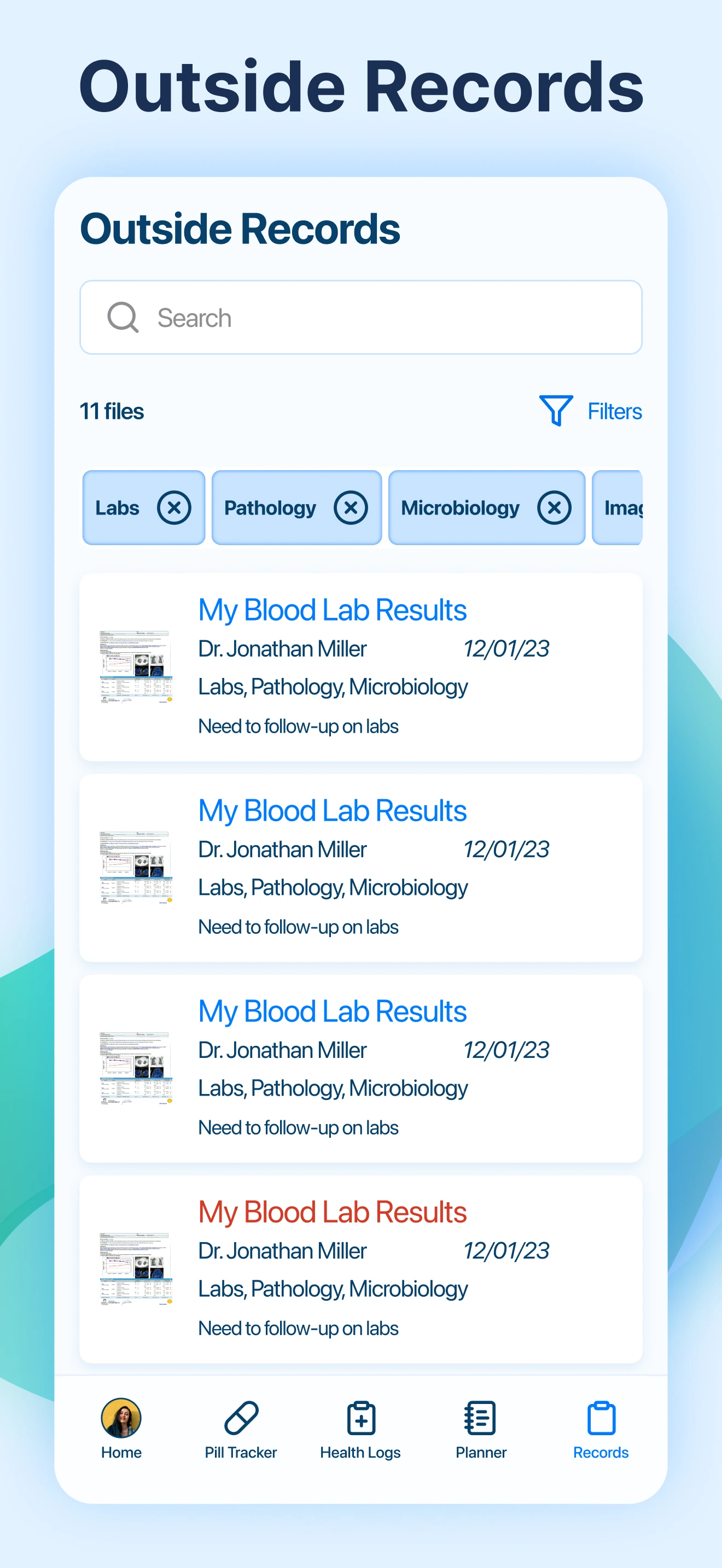 Lab Results screen of the Kaam Care mobile app