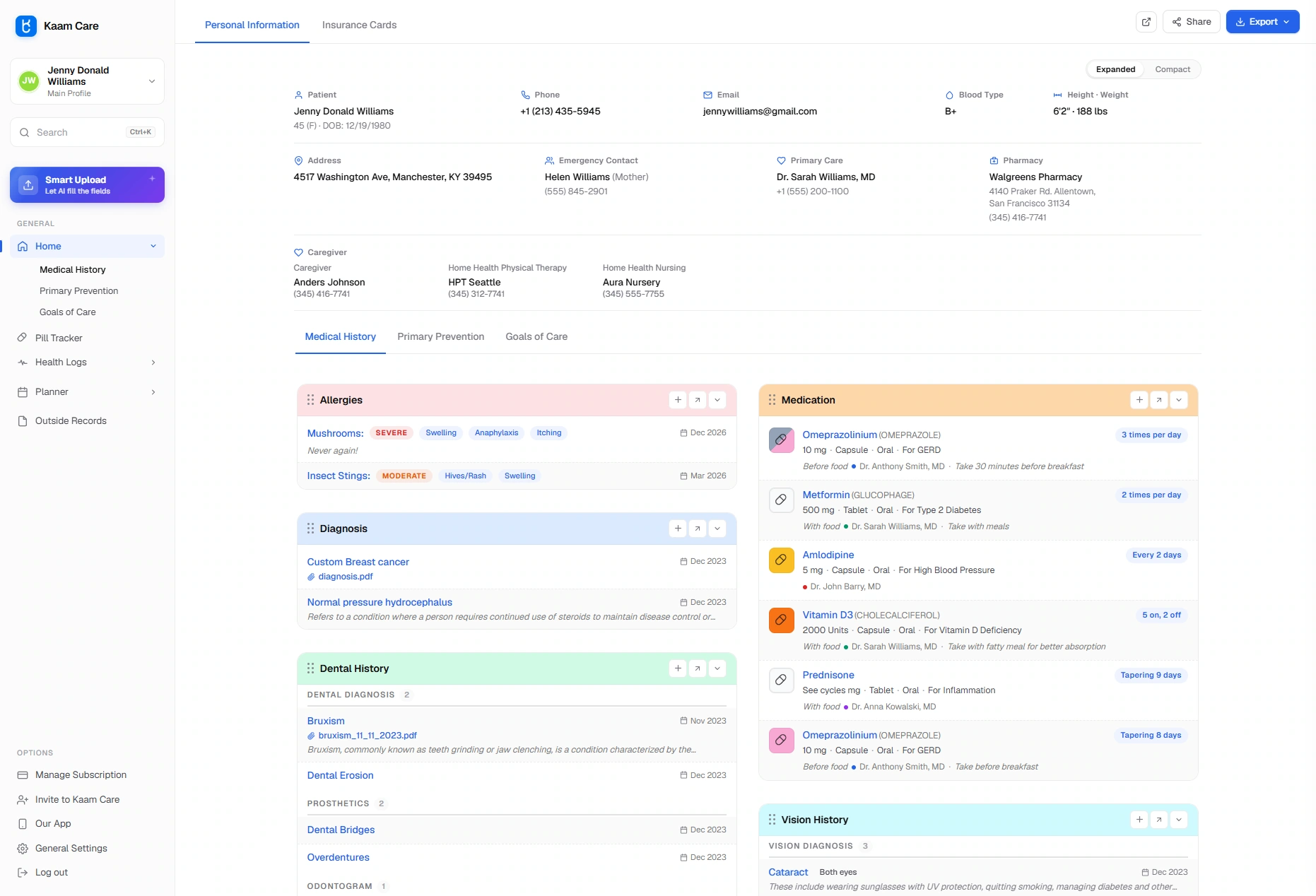 Home view of the Kaam Care web app