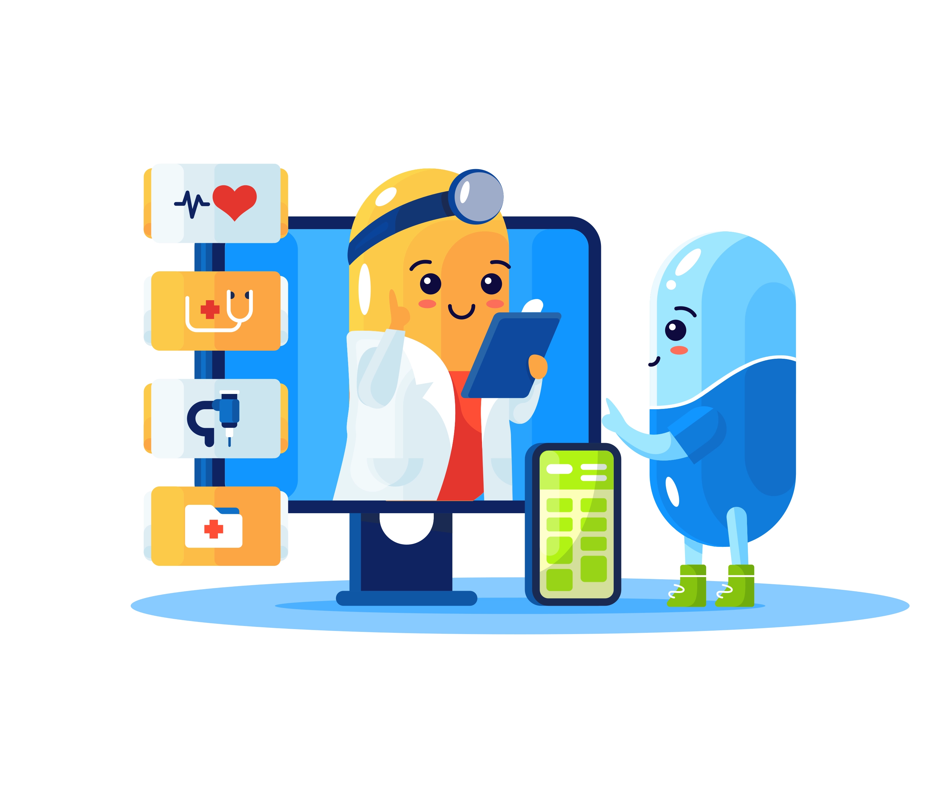 Kaam Care doctor capsule on a monitor with health tools and a patient holding a phone
