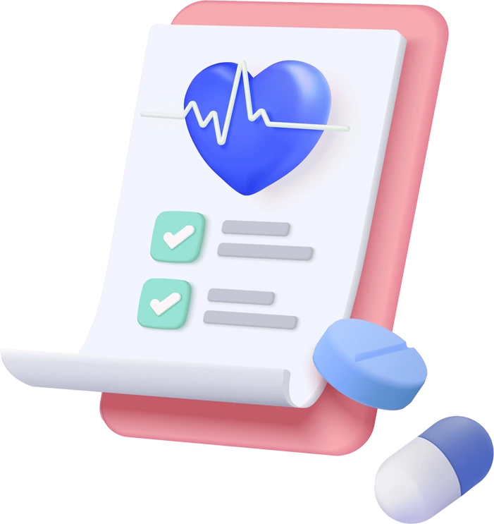 Medical clipboard with health record and medication icons