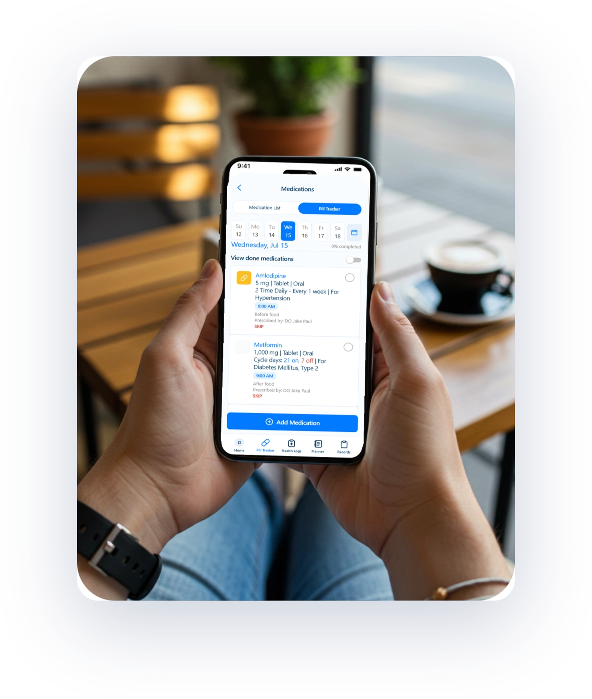 Kaam Care app showing daily pill tracking and add medication screen