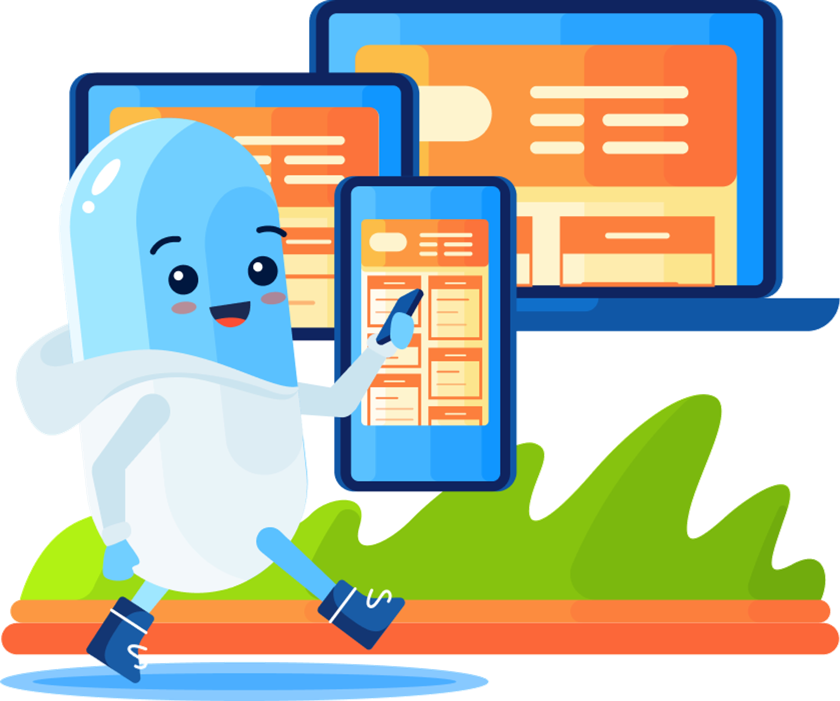 A Kaam Care character accessing health records across phone, tablet and laptop