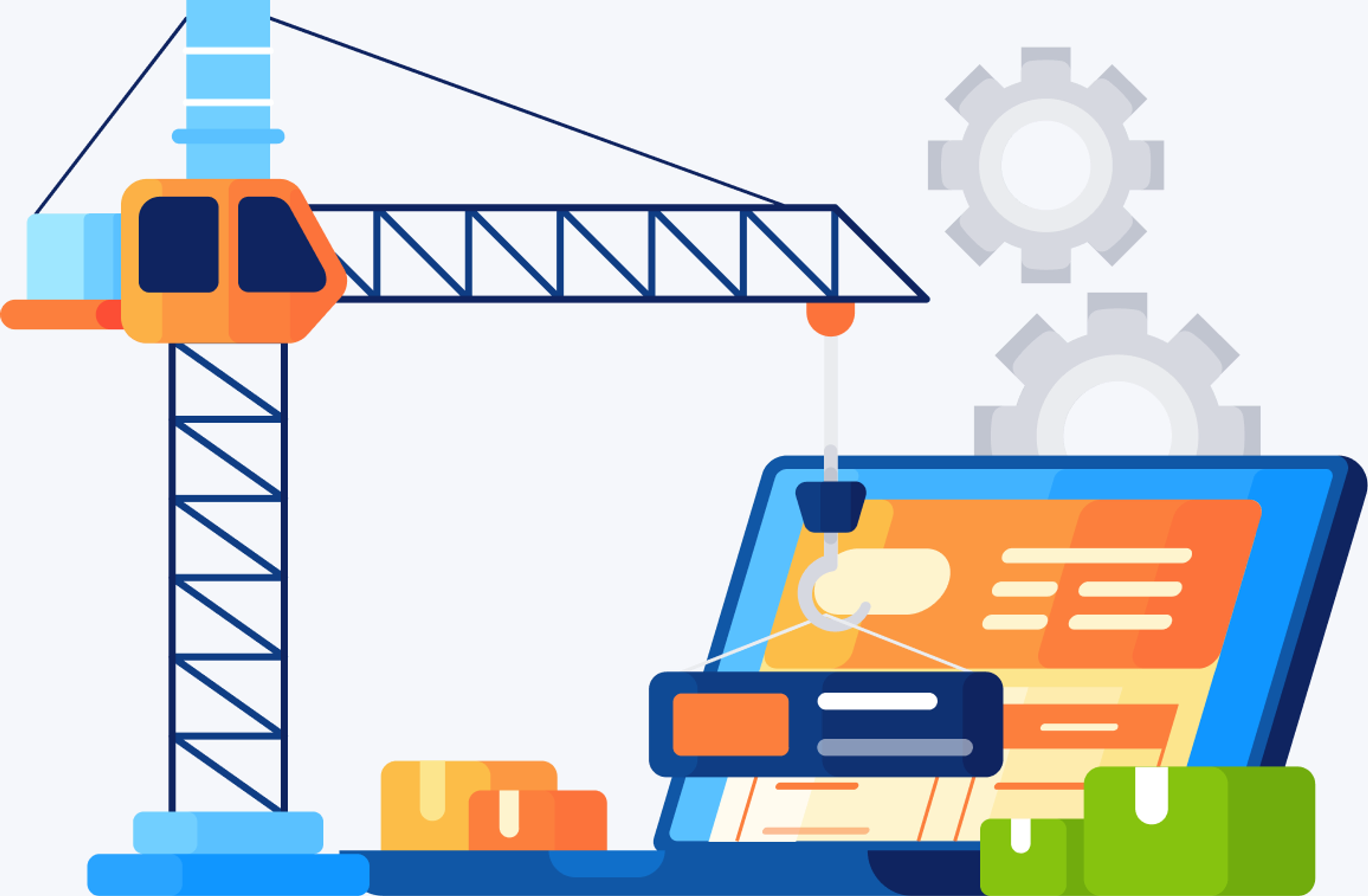 A construction crane assembling a website on a laptop